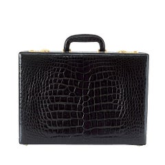 BRIEFCASE Vintage Jet Black Crocodile Beautiful Scales Olive Pig Skin Lining 