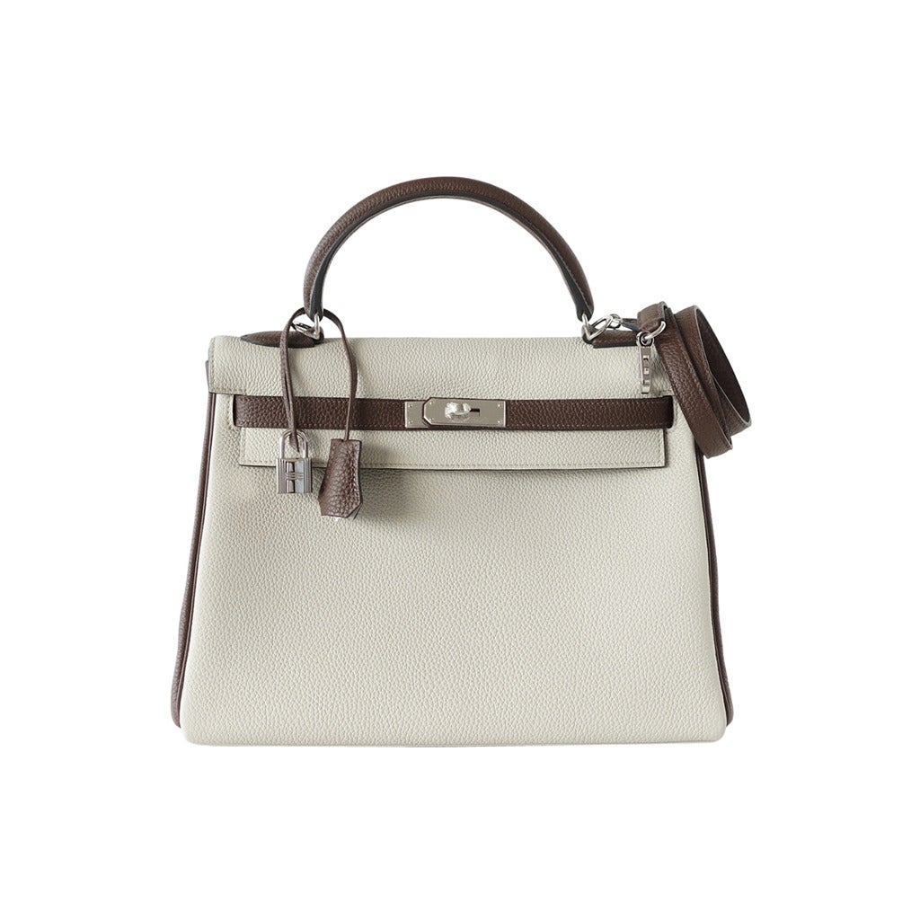 HERMES Kelly 32 bag horsehoe Special Order Gris Perle Chocolate Togo PHW