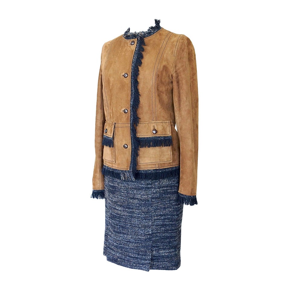 DOLCE&GABBANA skirt suit suede jacket fringe tweed skirt leather buttons 42 8 For Sale