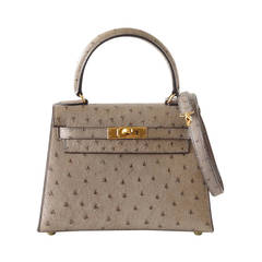 HERMES KELLY sac 20 Vintage Gray Ostrich Mini gold hardware Mint