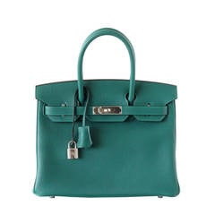 HERMES BIRKIN 30 Bag Exotic Emerald Toned MALACHITE Clemence Palladium 7