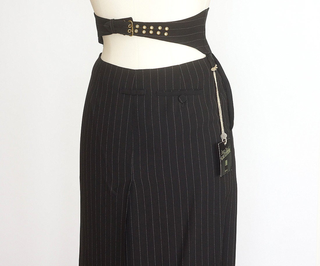 Black Jean Paul Gaultier Skirt Vintage Menswear Influenced Pinstripe Rear Dtl 40 6 nw