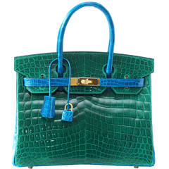 HERMES BIRKIN bag 30 Emerald Green Blue Izmir Crocodile bi color horseshoe