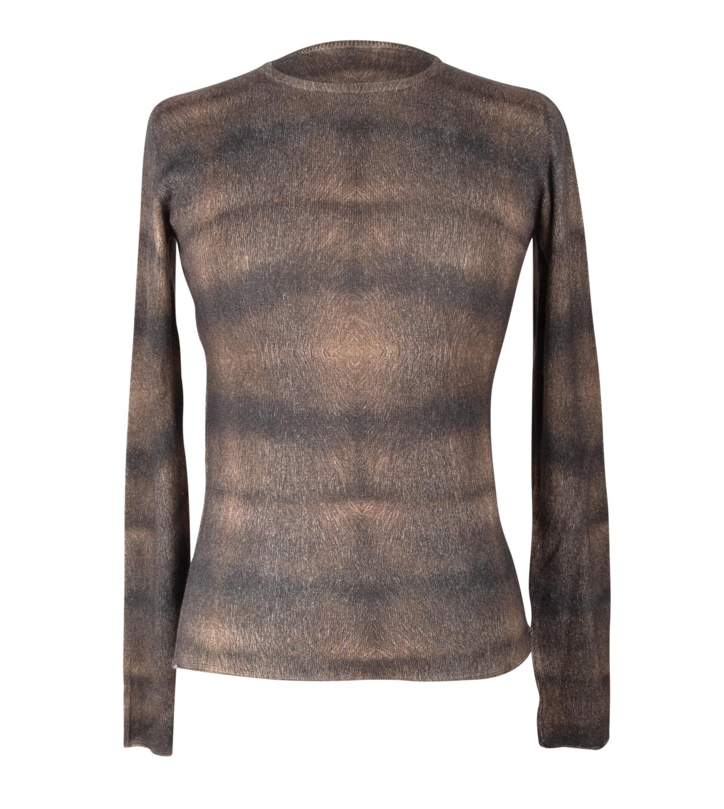 Guaranteed authentic Lucien Pellat-Finet buttery soft top.
Long sleeve, round neck top.  
Brown and black faint stripe with a beautiful pattern that looks textured.
Fabric is cashmere and silk .
final sale
  
SIZE M

TOP MEASURES: 
LENGTH  