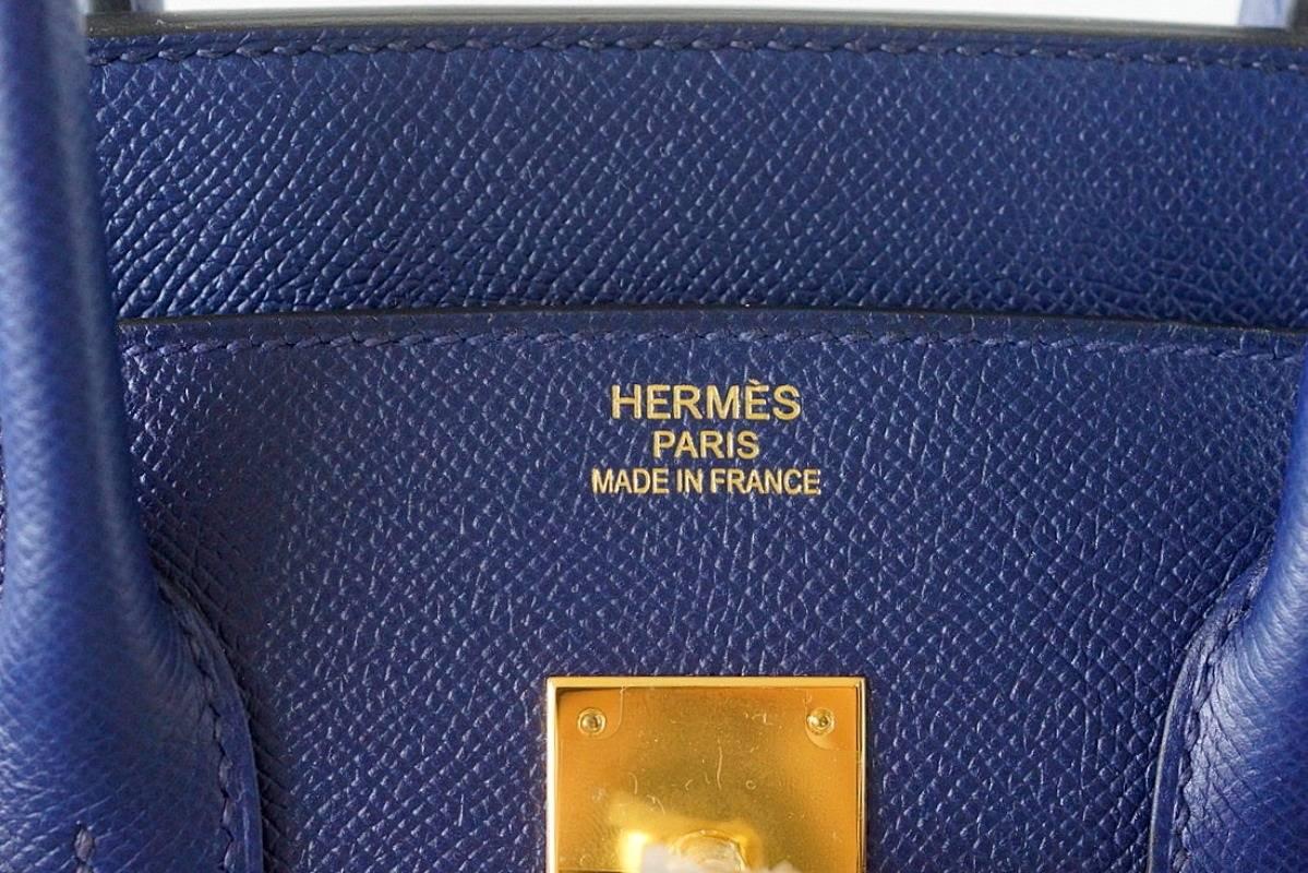 Exquisitely rich, jewel toned SAPPHIRE BLEU Blue with coveted gold hardware.
Epsom leather is textured and holds the shape of the bag beautifully.
NEW or NEVER WORN.  
Comes with sleepers, lock, keys, raincoat and signature Hermes box. 
final