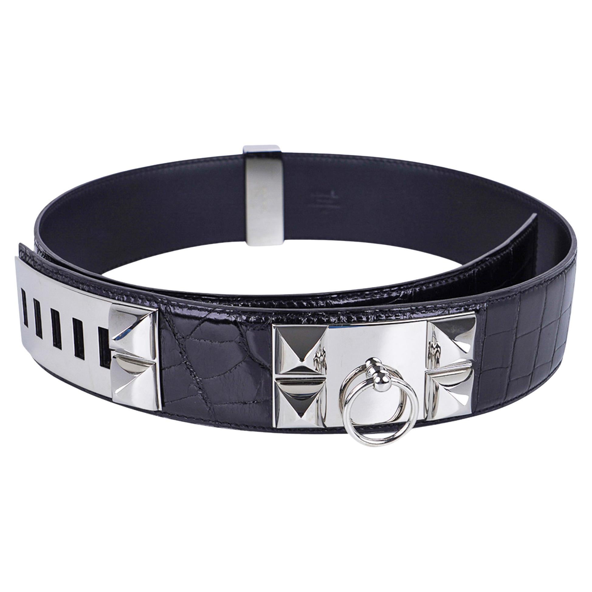 Hermes Collier De Chien Belt Black Porosus Crocodile Palladium 90 New