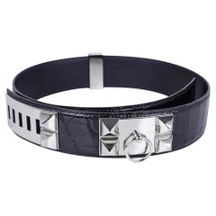 Ceinture Collier De Chien en crocodile noir Porosus Palladium 90 Hermès, Neuve