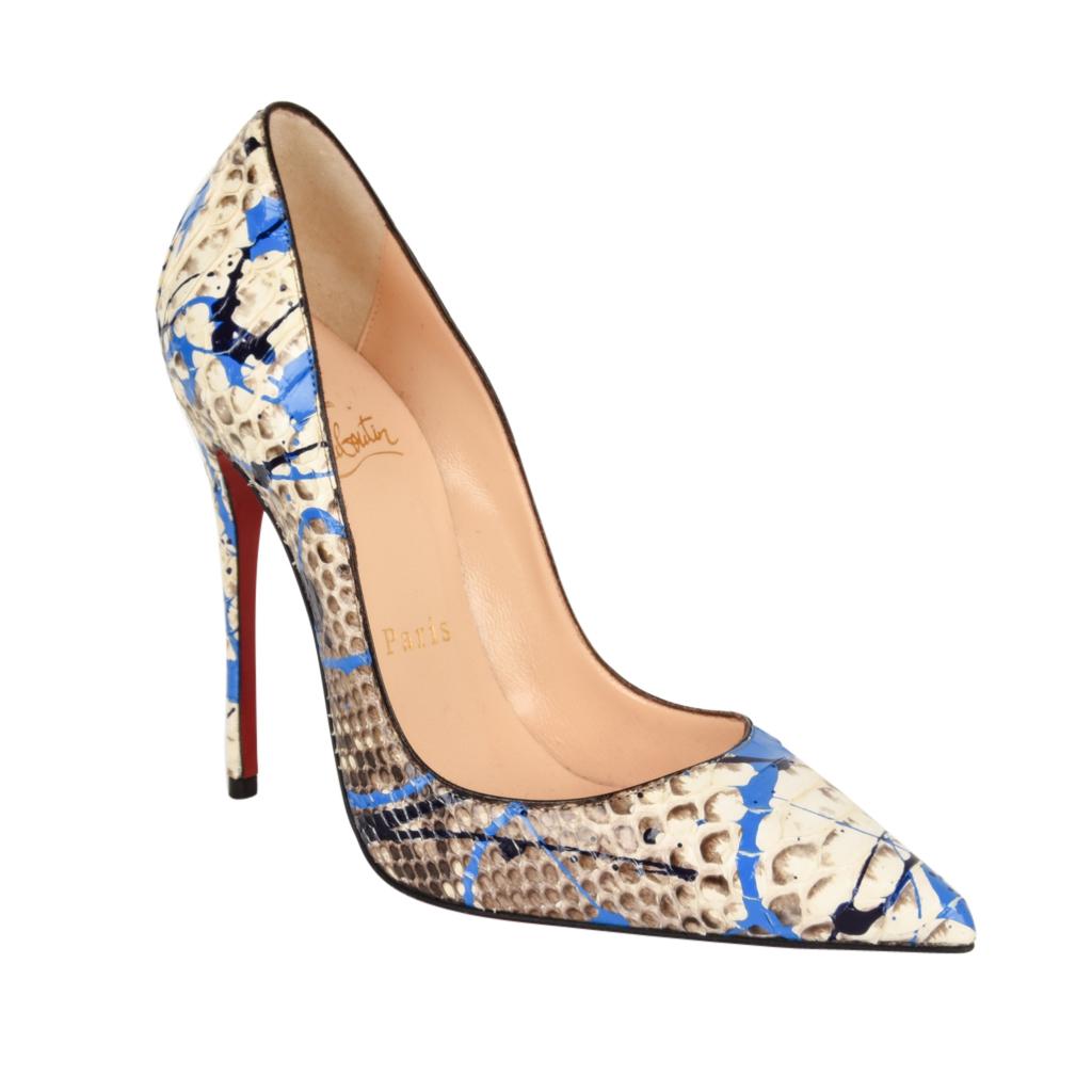 Mightychic offers signature Christian Louboutin stunning Graffiti 'Pigalle' python stiletto pump.
Blue and black painted over gray Python.
Signature red sole. 
New or Never Worn.  Comes with sleepers.   
Final Sale

SIZE 35
USA SIZE 5

SHOE