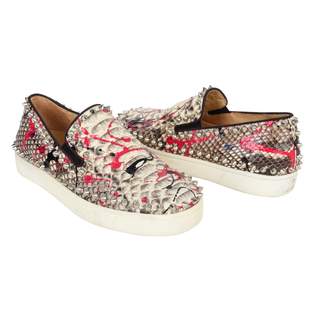 Gray Christian Louboutin Shoe Snakeskin Graffiti Pik Boat Sneakers 35 / 5 For Sale