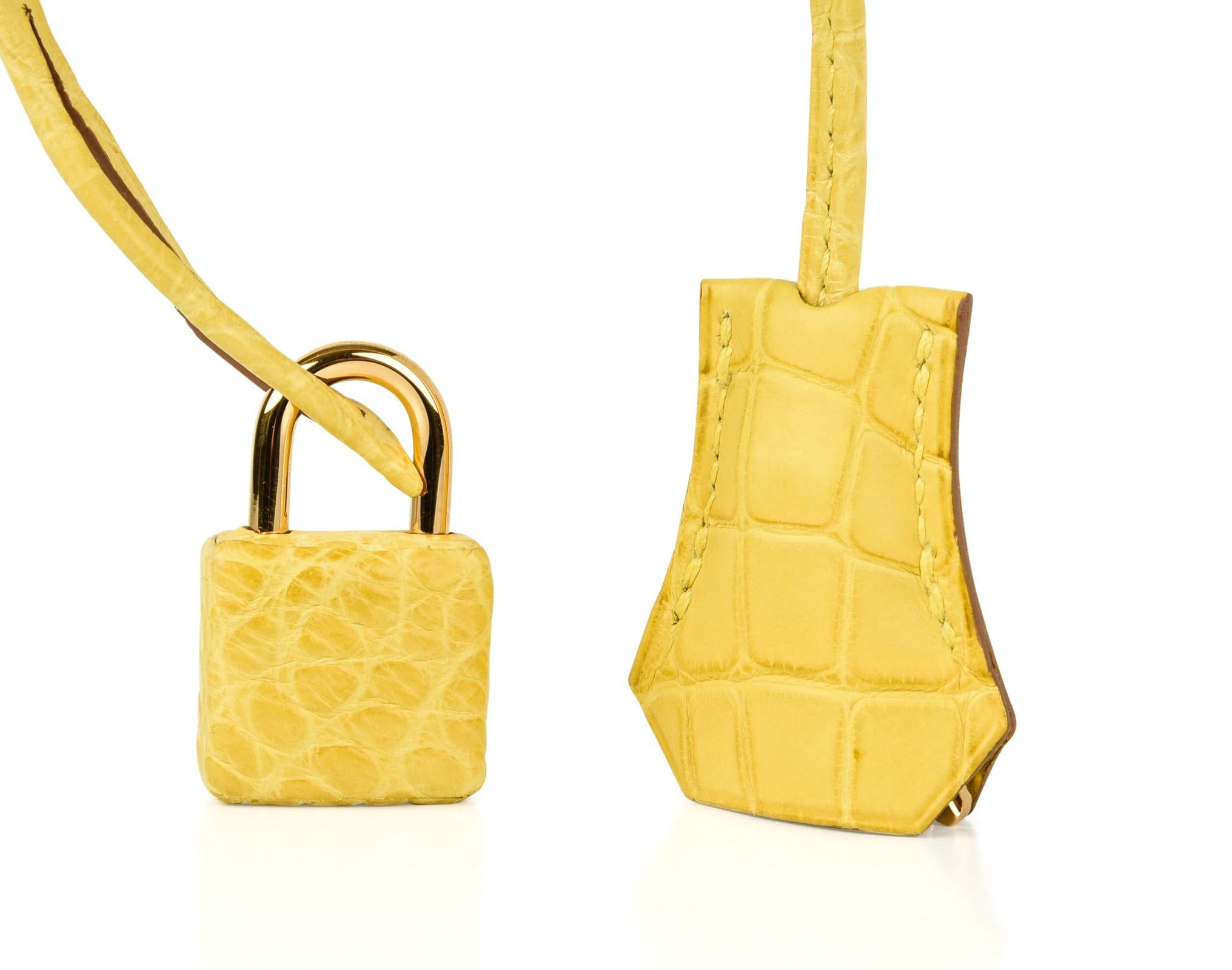 Guaranteed authentic Hermes Birkin 35 Bag divine clear yellow MIimosa matte Alligator.
Rich and lush with gold hardware - simply exquisite. 
NEW or NEVER WORN.  
Comes with lock, keys, clochette, sleeper, signature Hermes box and raincoat. 
final