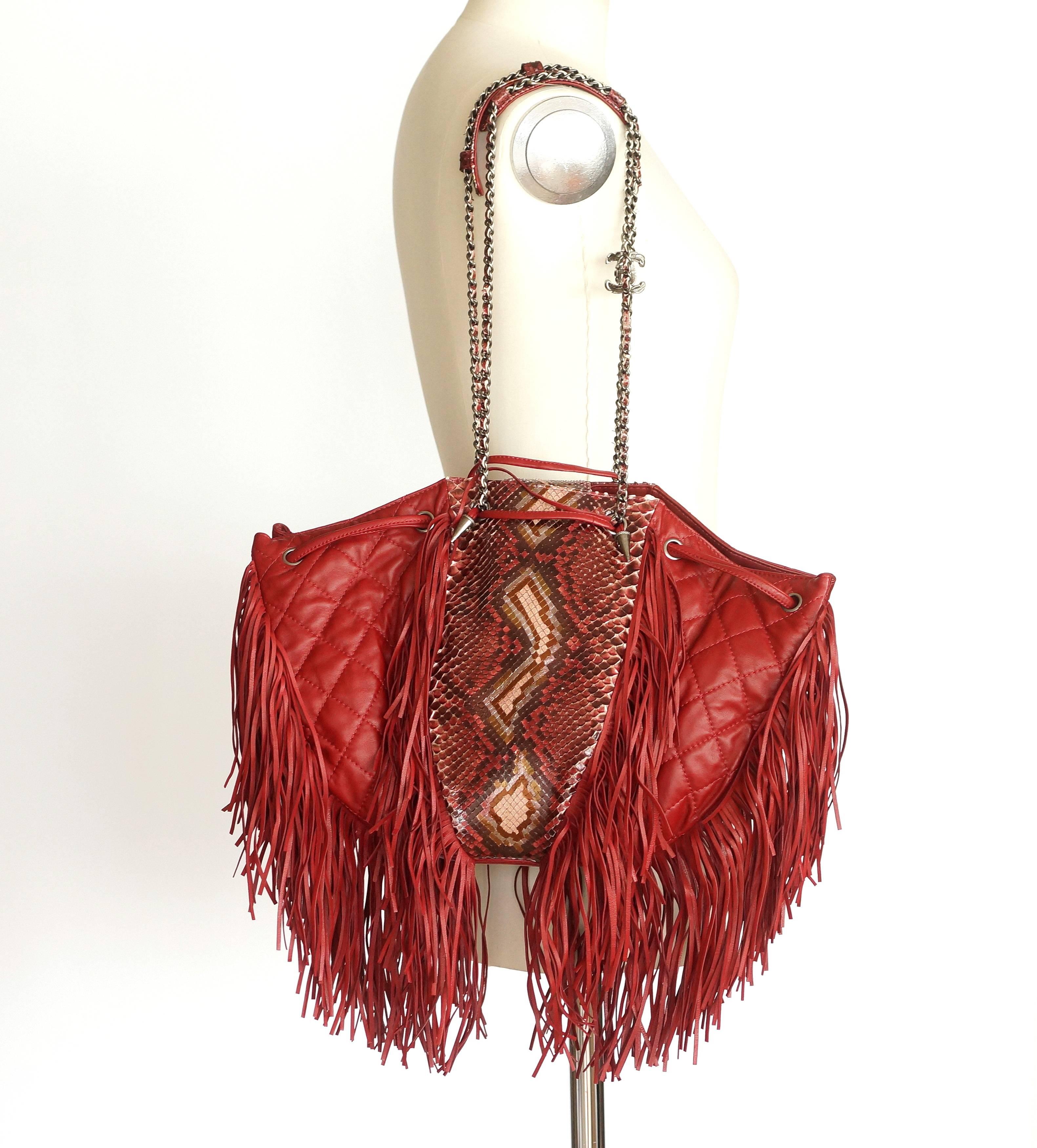 Brown Chanel Quilted Large Dallas Collection Drawstring Fringe Snakeskin Bag  