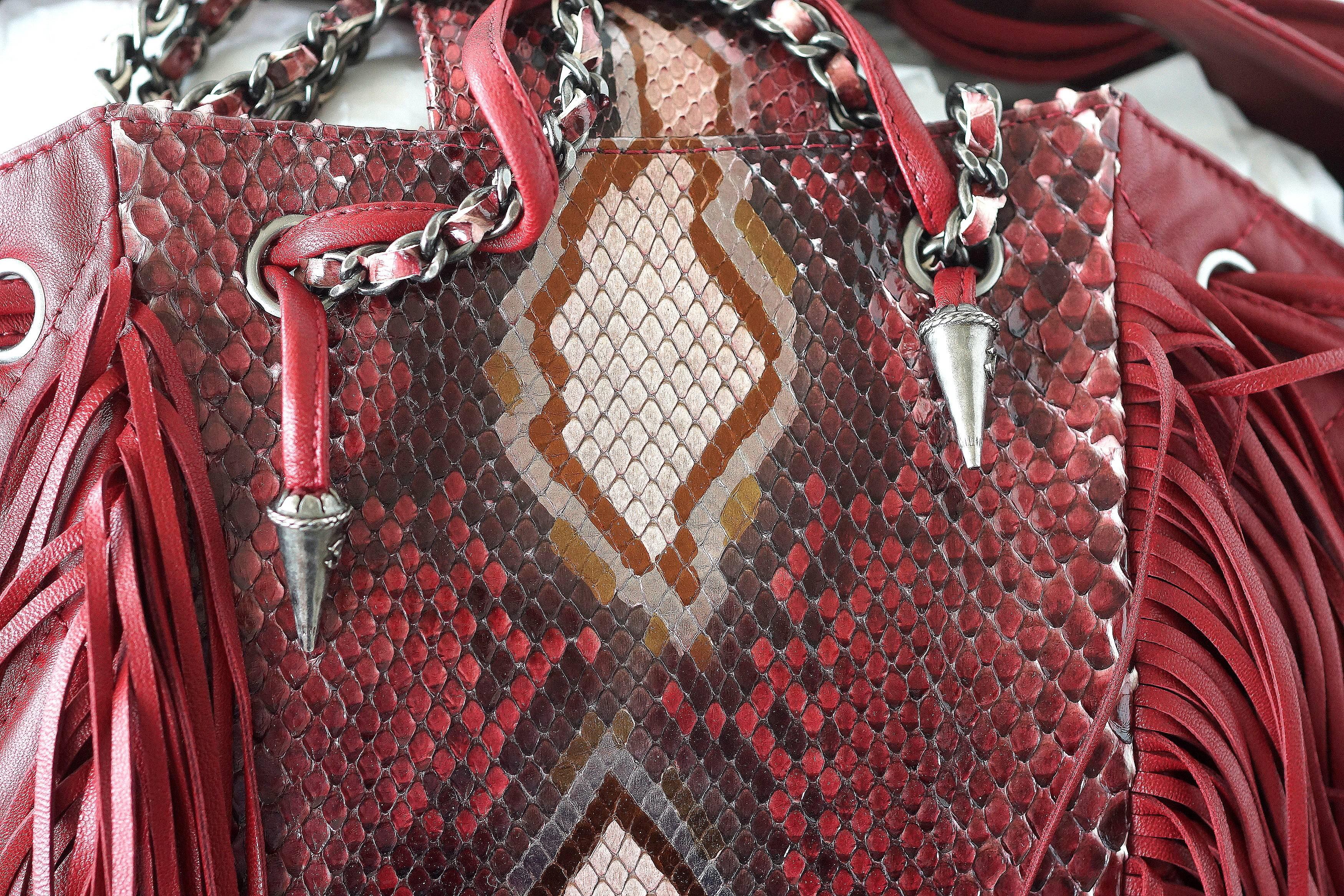 Chanel Quilted Large Dallas Collection Drawstring Fringe Snakeskin Bag   In New Condition In Miami, FL
