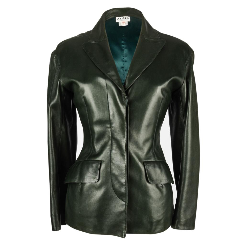 Women's Azzedine Alaia Jacket Vintage Shaped Dark Bottle Green Leather 38 / 6