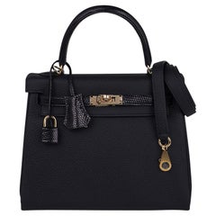 Hermes Kelly Touch 25 Retourne Bag Black Lizard / Togo Permabrass Hardware