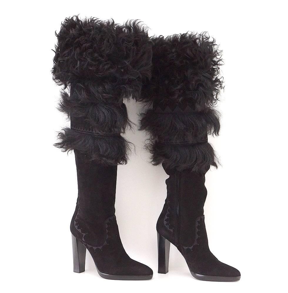 Guaranteed authentic HERMES stunning suede knee high OR over the knee boot.
Black Chevre suede with fur and embroidery.
Front has a V and the boot can be worn folded over to knee high too. 
Black straight wood stacked heel.
Zipper on inside of