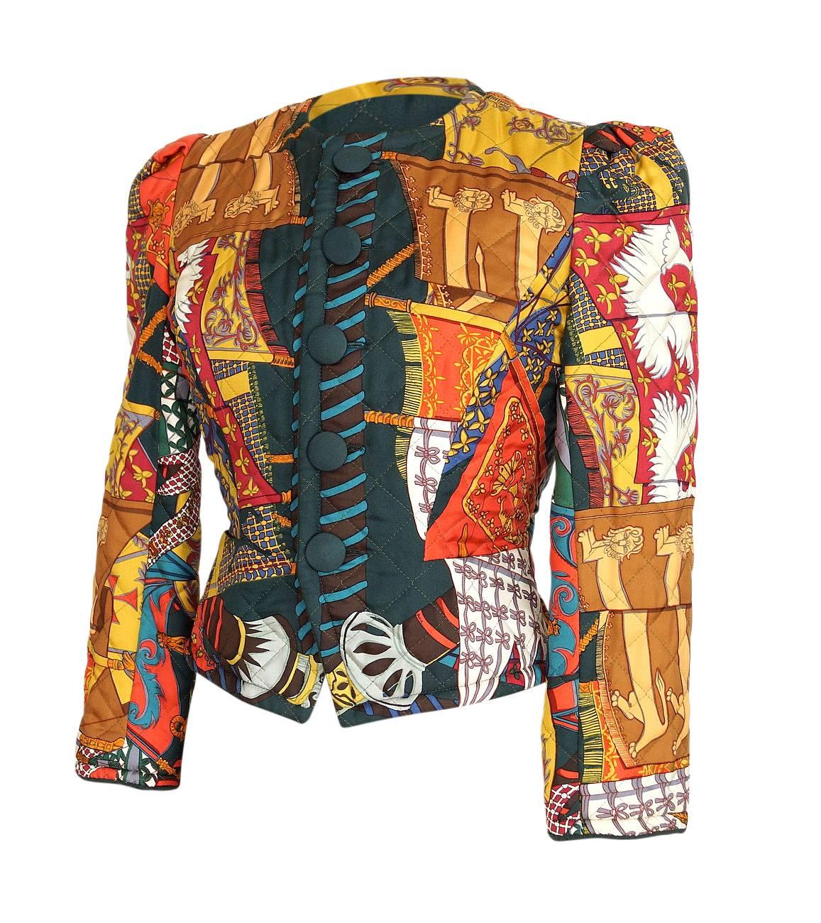 Extremely rare, magnificently shaped short Hermes scarf print jacket.
Etendards et Bannieres print created by Annie Faivre.
Flags and banners in lush shades of rich dark coral, hunter green, shades of brown, mustard gold, teal, greens and royal