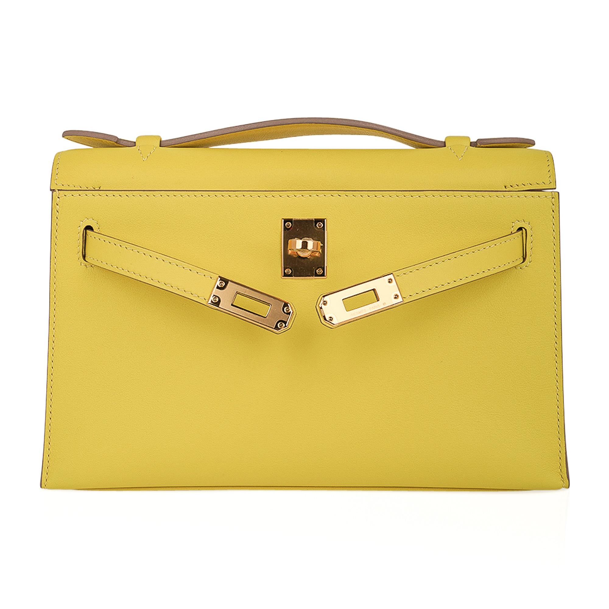 Women's Hermes Kelly Pochette Bag Lime Clutch Gold Hardware Swift Leather