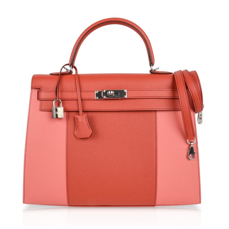 Hermes Kelly 35 Flag Bag Limited Edition Flamingo and Coral Rare For Sale at 1stdibs