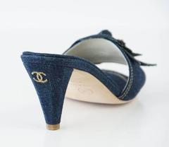 CHANEL Shoe Blue Jean Denim Camelia Camellia Mule 37.5 / 7.5