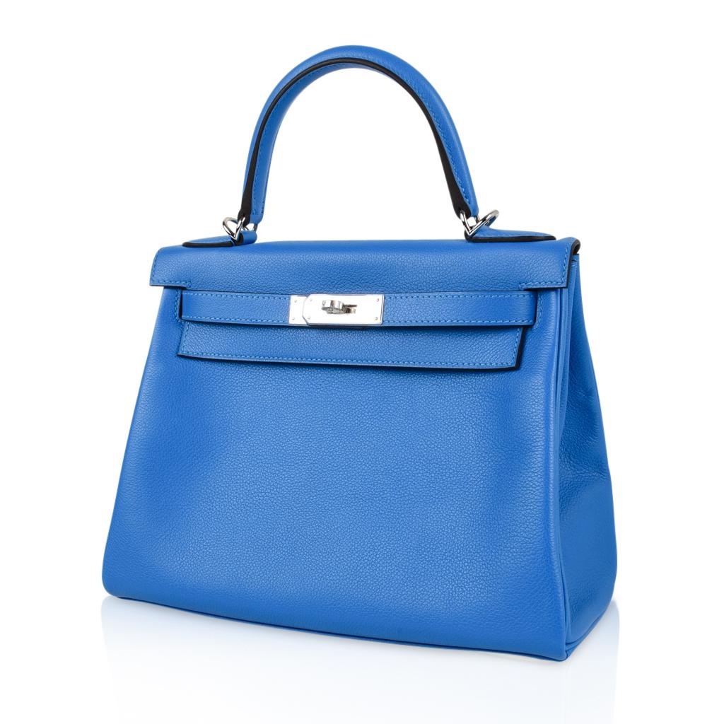 Women's Hermes Kelly Retourne 28 Bag Vivid Blue Hydra Mediterranean Blue Evercolor 