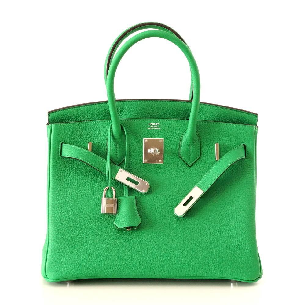 Vivid fresh BAMBOO HERMES Birkin with palladium hardware.
Togo leather is textured to be highly scratch resistant and is butter soft to the touch. 
Comes with lock, keys, clochette, sleepers, raincoat and signature Hermes box.
NEW or NEVER