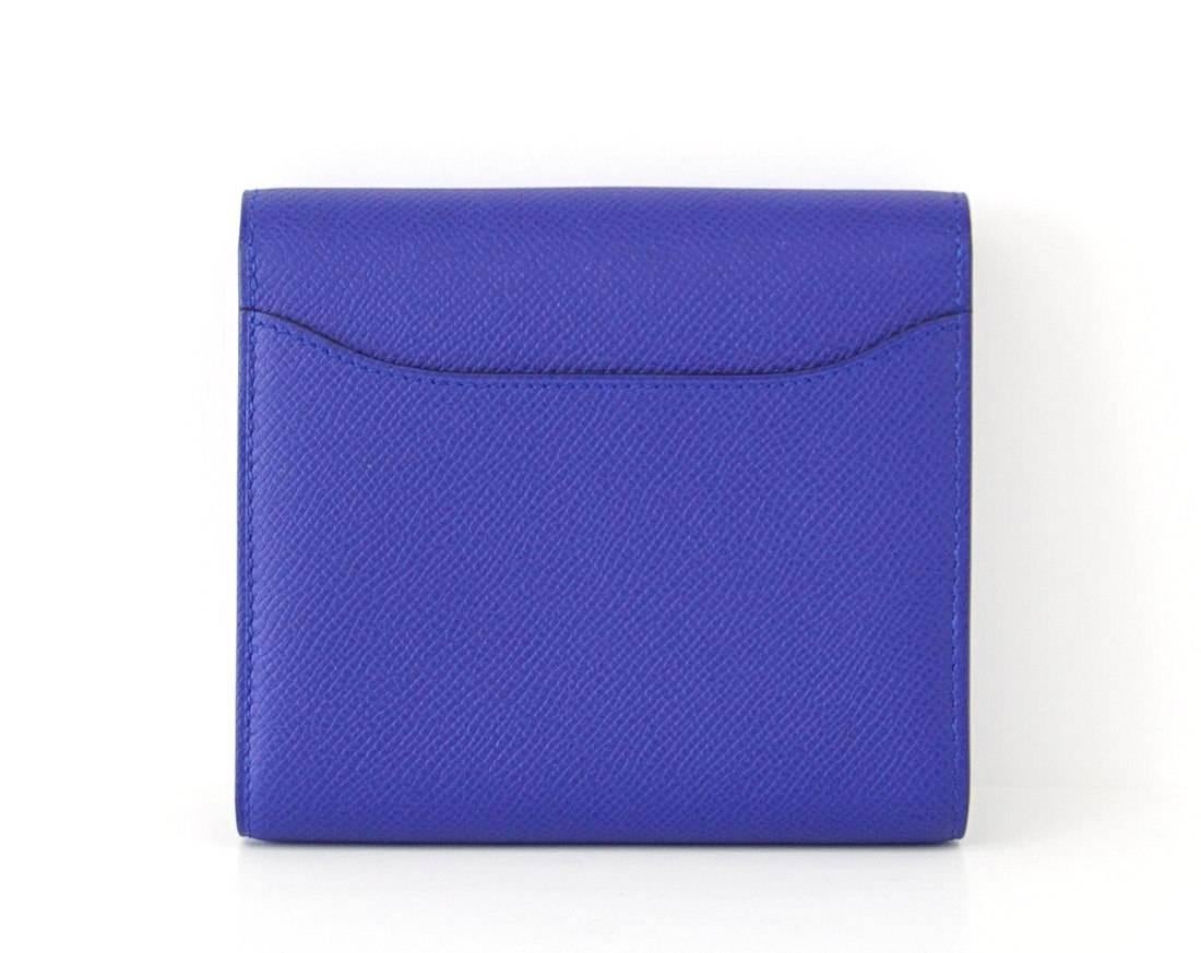 Guaranteed authentic extraordinarily beautiful Hermes Constance wallet in Blue Electric.
This beauty is extremely rare in Electric Blue and no longer available.
Epsom leather Palladium hardware.
Lined in glove leather.
4 Credit card slots.
1