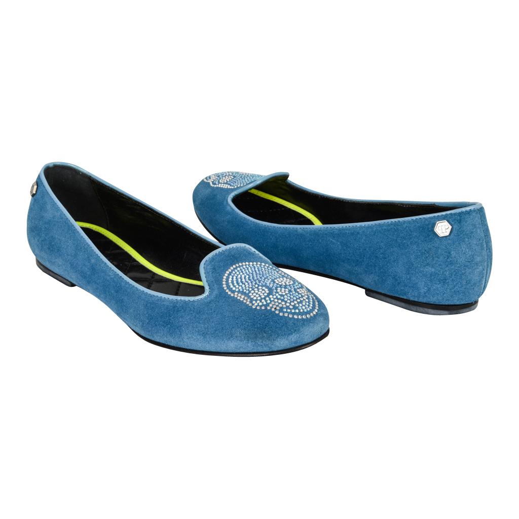 Philipp Plein Shoe - Chaussures en daim bleu avec crâne en diamant  39,5 / 9,5 Neuf en vente