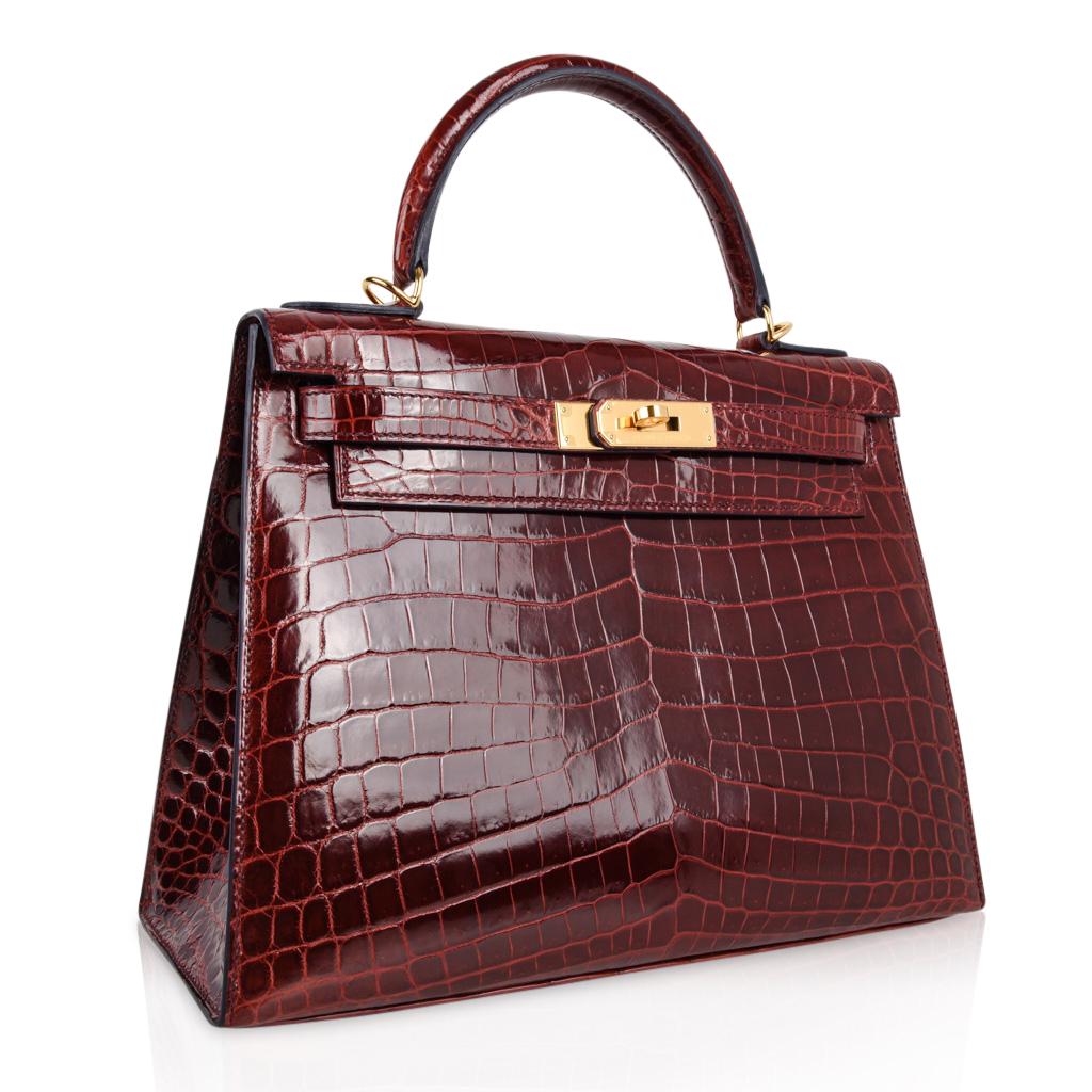 Women's  Hermes Kelly 28 Sellier Bag Bourgogne Red Crocodile Contour Limited Edition
