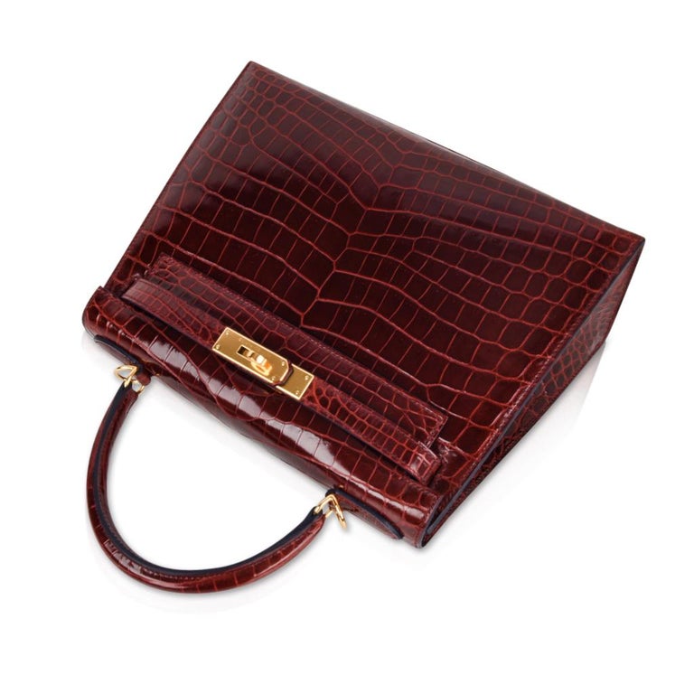 Hermes Kelly 28 Sellier Bag Bourgogne Red Crocodile Contour Limited Edition at 1stdibs