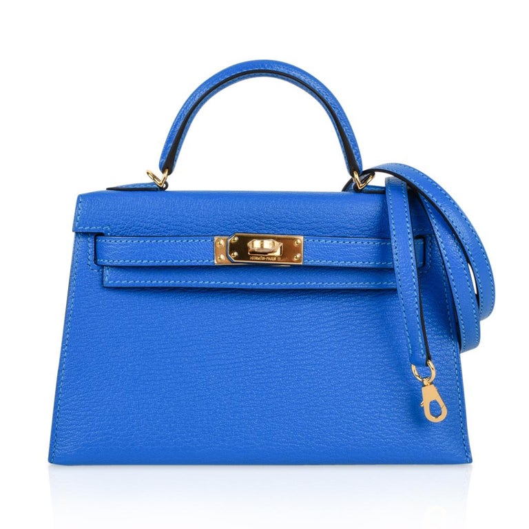 Hermes Kelly Bag 20 Mini Kelly II Blue Hydra Chevre Gold Hardware at