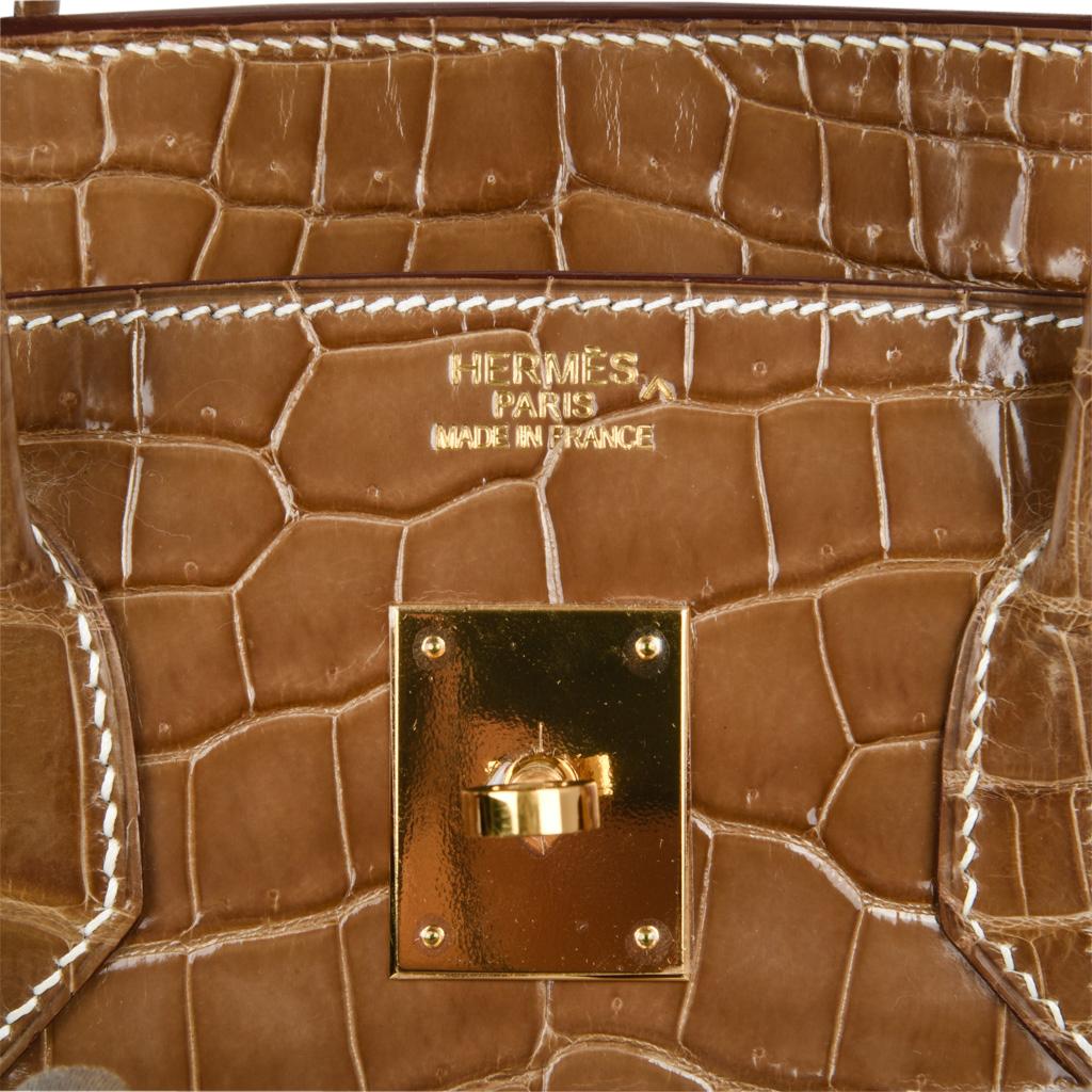 Brown Hermes Ficelle Porosus Crocodile Gold Hardware Birkin 35 Bag 