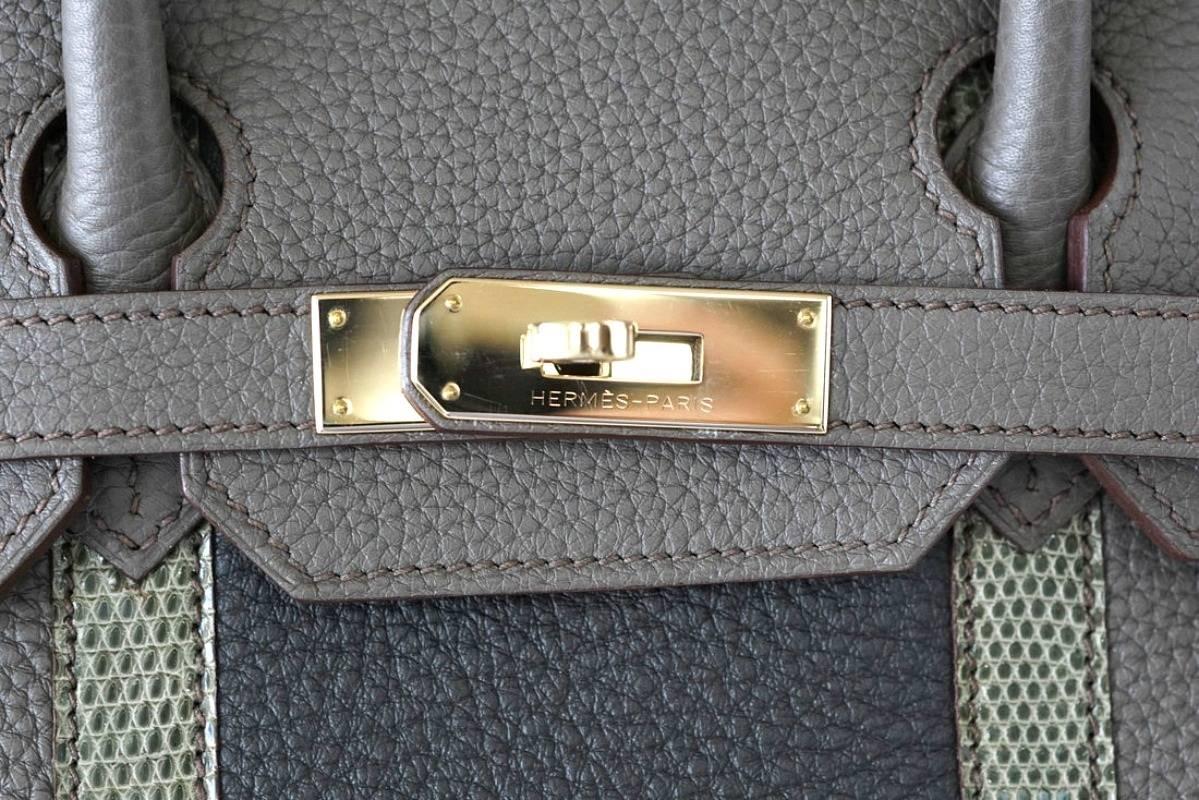 Guaranteed authentic coveted Limited Edition Hermes Club Birkin in Grays. 
Combination of Etain, Graphite and Lizard set with the soft hue of Permabrass hardware.
Clean corners, handles and body.  Very minor markings to hardware. Light mark where