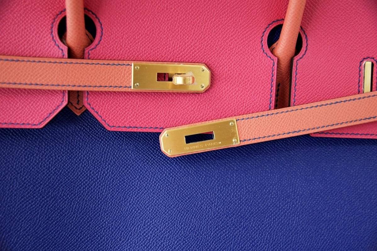 Guaranteed authentic uber rare 40 Hermes Birkin Horseshoe Tri Color bag.  No longer able to order in Tri colours, this bag is a rare find.
Electric Blue, Mangue and Rose Tyrien.
A striking combination in Epsom with unique brushed Gold hardware.  