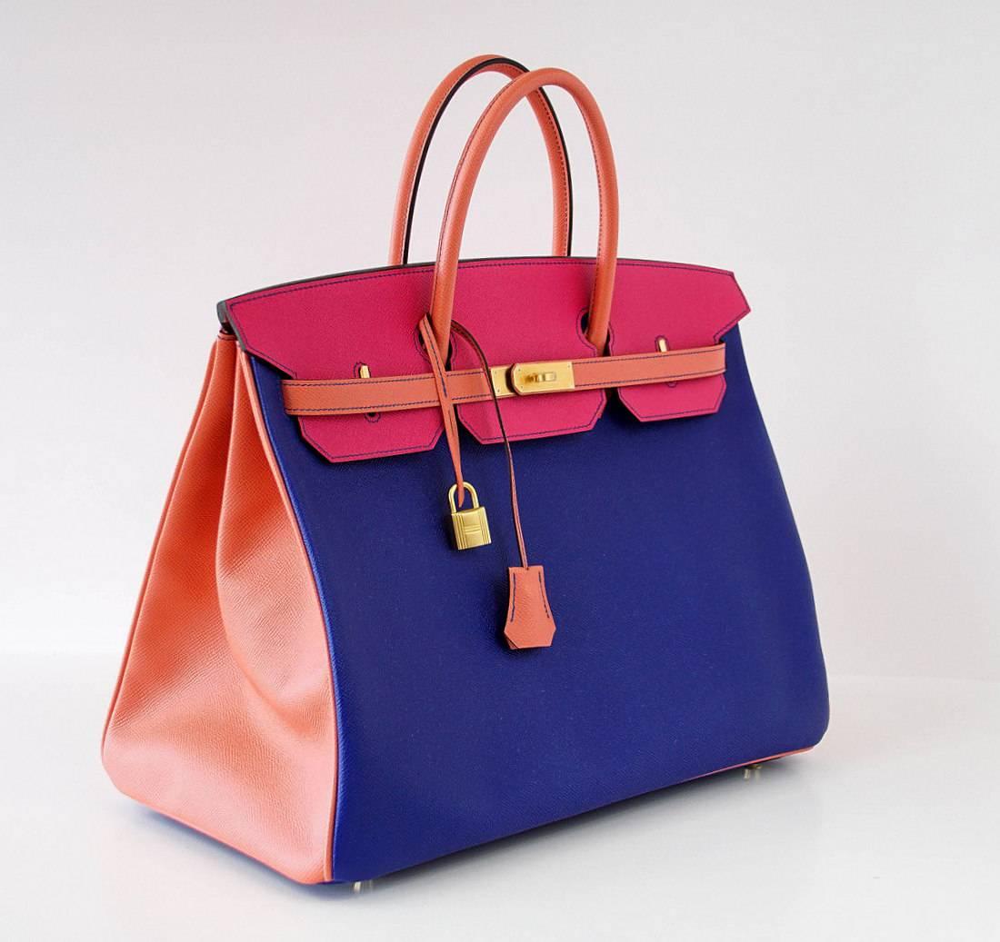 Purple HERMES Birkin 40 Bag Tri Color Horseshoe Brushed Gold Hardware Very Rare