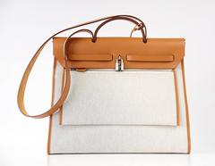 HERMES Herbag Zip 39 Vache Hunter and Natural Toile Palladium Hardware