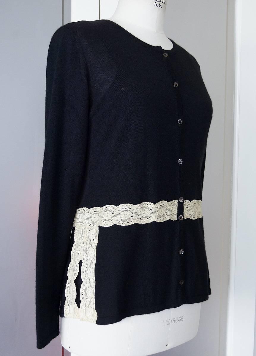  Valentino Twin Set Black Ivory Lace Accent Cashmere Silk L In Excellent Condition In Miami, FL