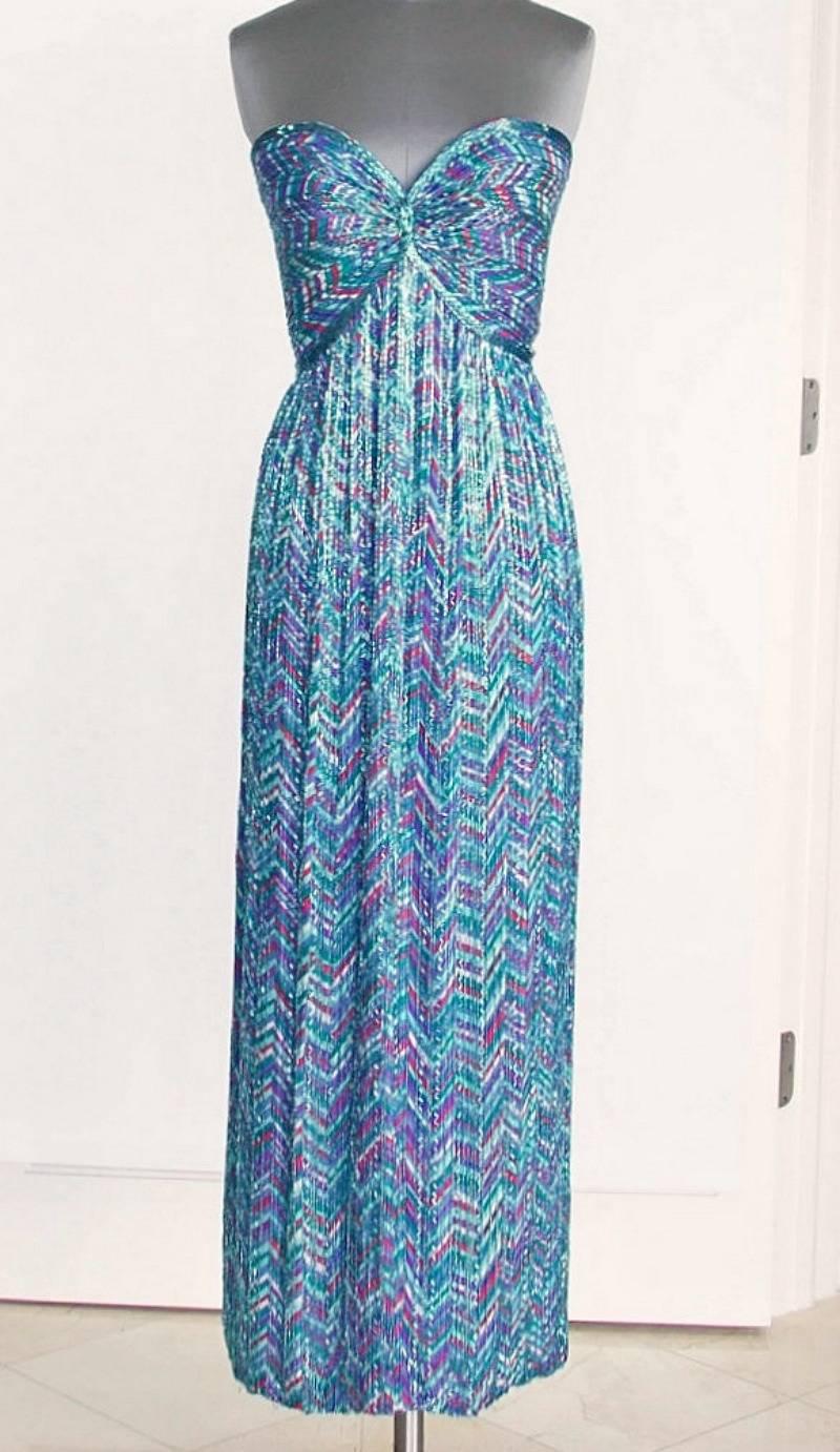 BOB MACKIE Vintage 1980's Strapless Gown Chevron Print Beaded 4  In Excellent Condition In Miami, FL