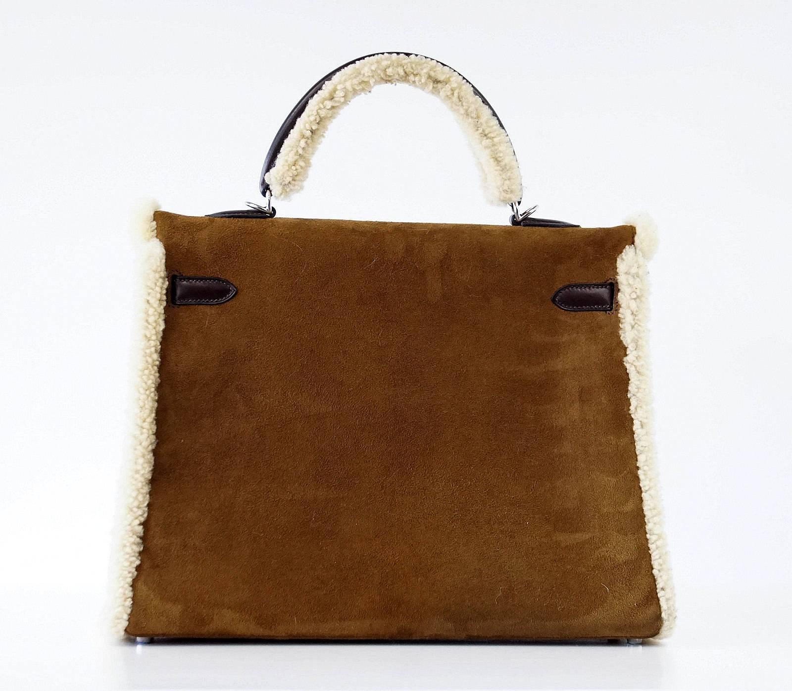 Brown HERMES KELLY 35 Bag Coveted Limited Edition Teddy Shearling Plush mint