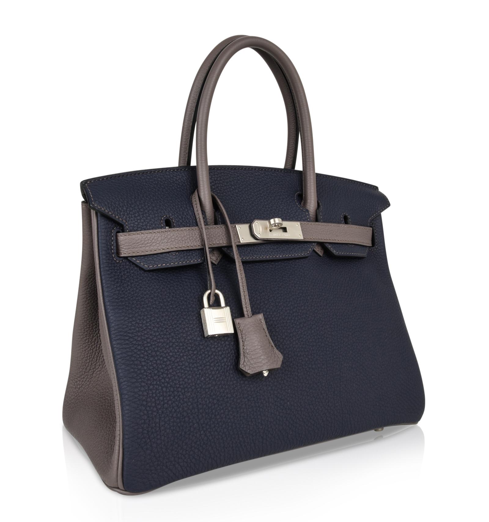 Mightychic offers an Hermes Birkin HSS 30 bag featured in understated elegance of Blue Nuit and Etain.
Rare brushed Palladium hardware completes this beautiful special order chic bag.
Togo leather.
NEW or NEVER WORN. 
Plastic is not on the hardware.