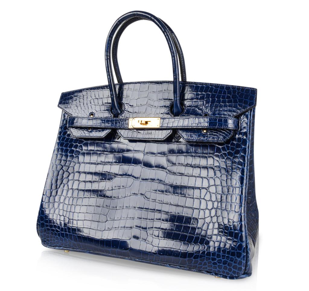 Hermes Blue Sapphire Porosus Crocodile Gold Hardware Birkin 35 Bag In Excellent Condition In Miami, FL