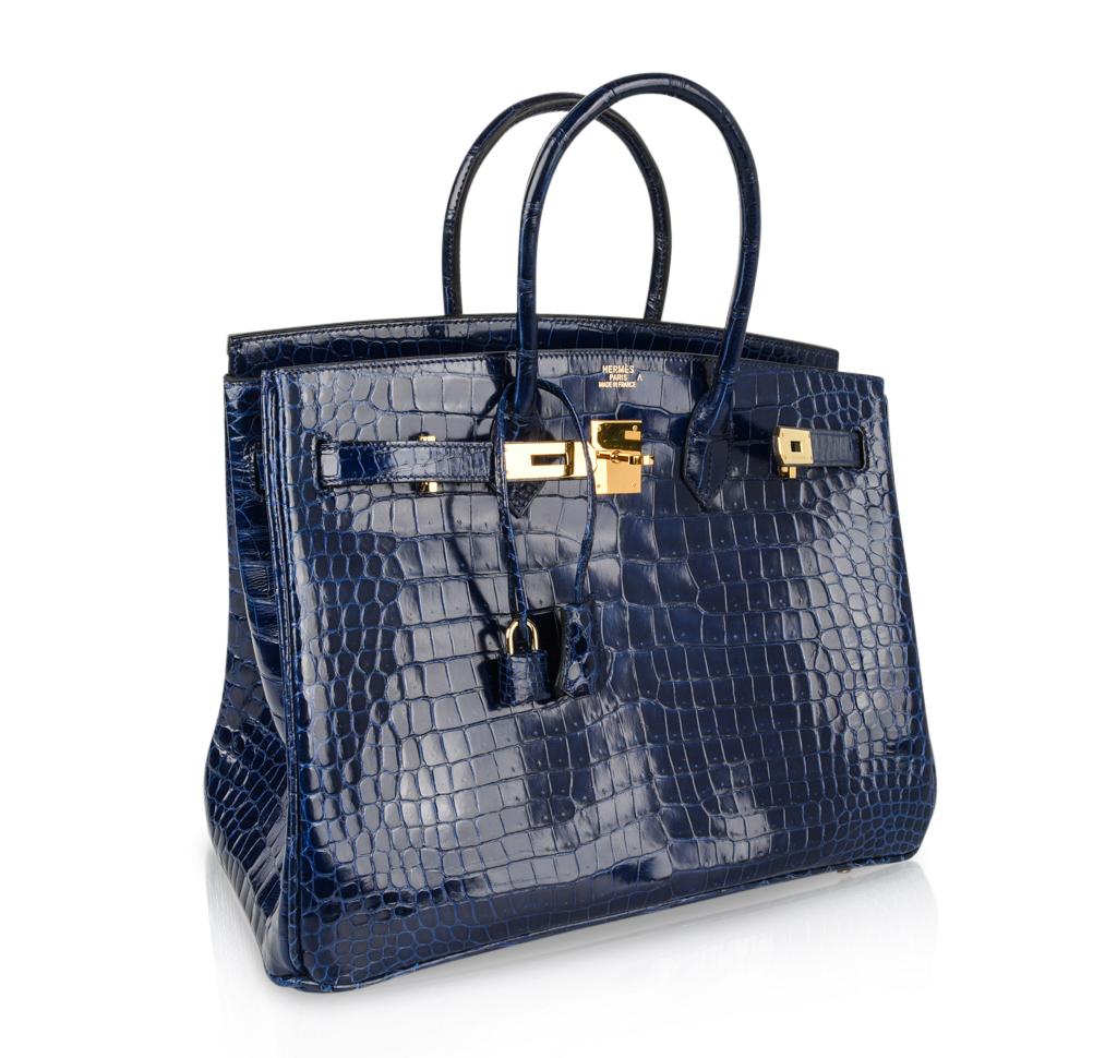 Women's Hermes Blue Sapphire Porosus Crocodile Gold Hardware Birkin 35 Bag  