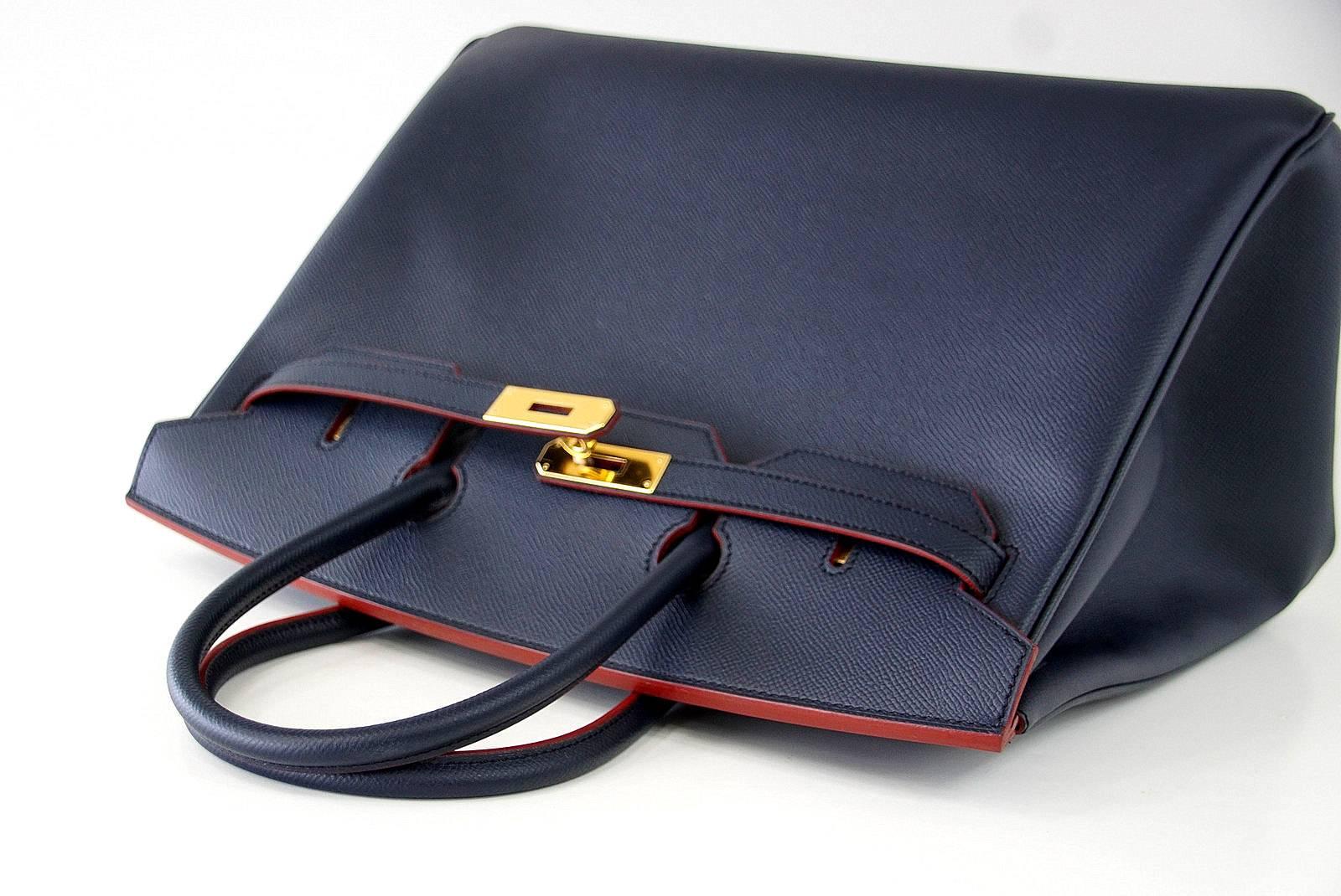 Hermes Birkin 35 Bag Navy Indigo w/ Rouge Contour Limited Edition Epsom Gold 3