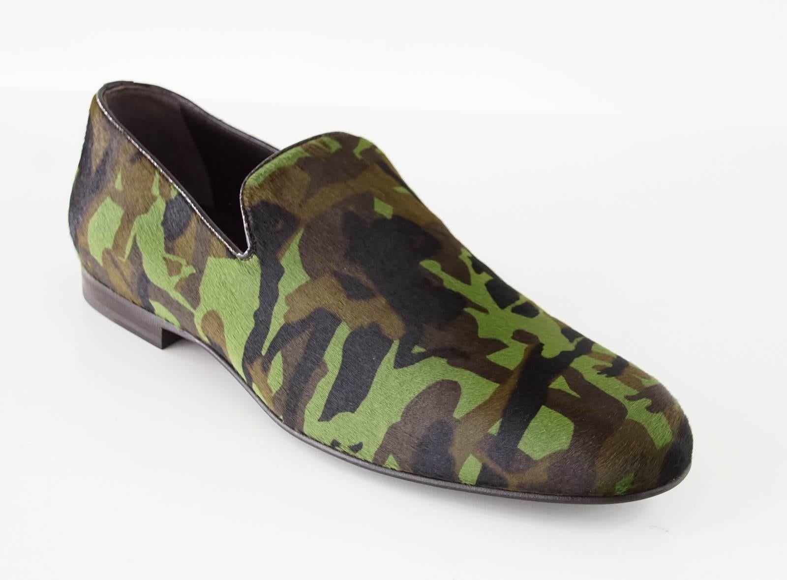 Black JIMMY CHOO Sloane Green Camouflage Printed Calf Hair Loafer Runway Trend 43/10  