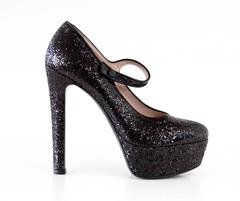 Miu Miu Bold Platform Jet Black Glitter Mary Jane Pump 38 / 8