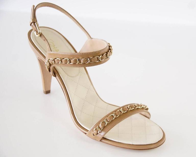 CHANEL Shoe Strappy High Heel Sandal Signature Chain Camel Patent