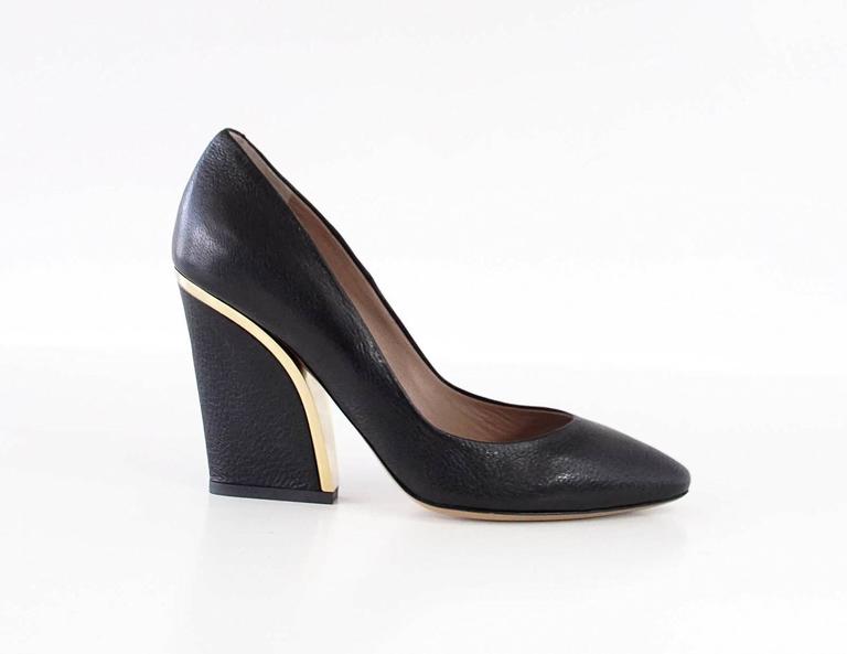 CHLOE Shoe Bold Block Heel Gold Detail Black Leather 39 / 9 new at 1stDibs