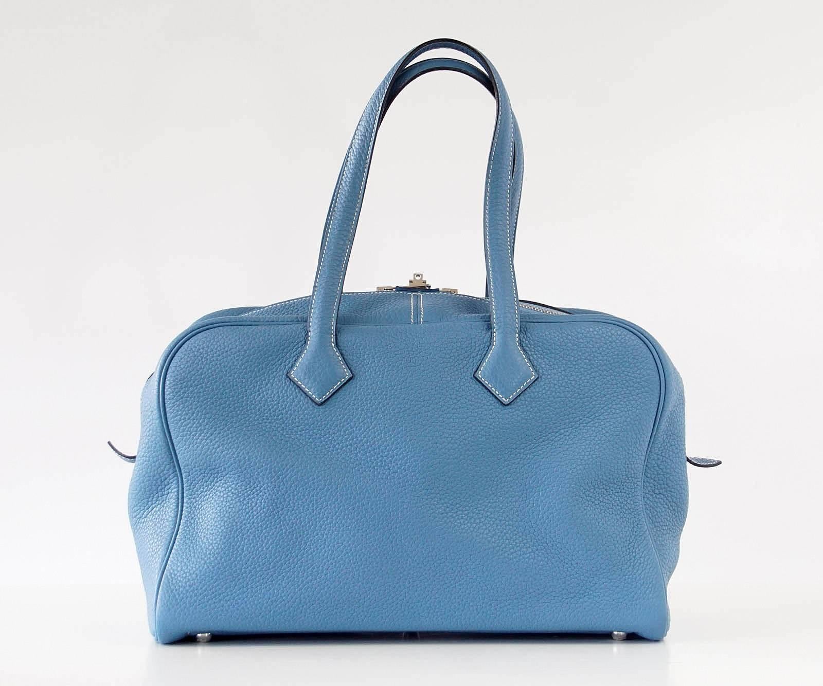Women's Hermes 35 Victoria II Bag Blue Jean Palladium Hardware