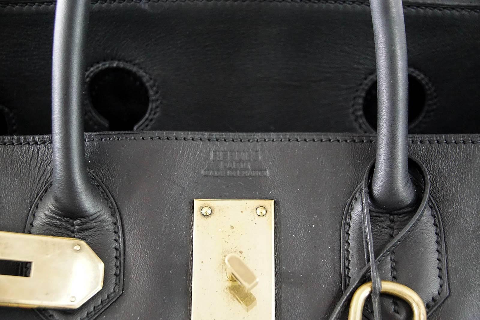 HERMES BIRKIN 50 Bag Hac Black Vache Noir Leather Brass Hardware In Excellent Condition In Miami, FL