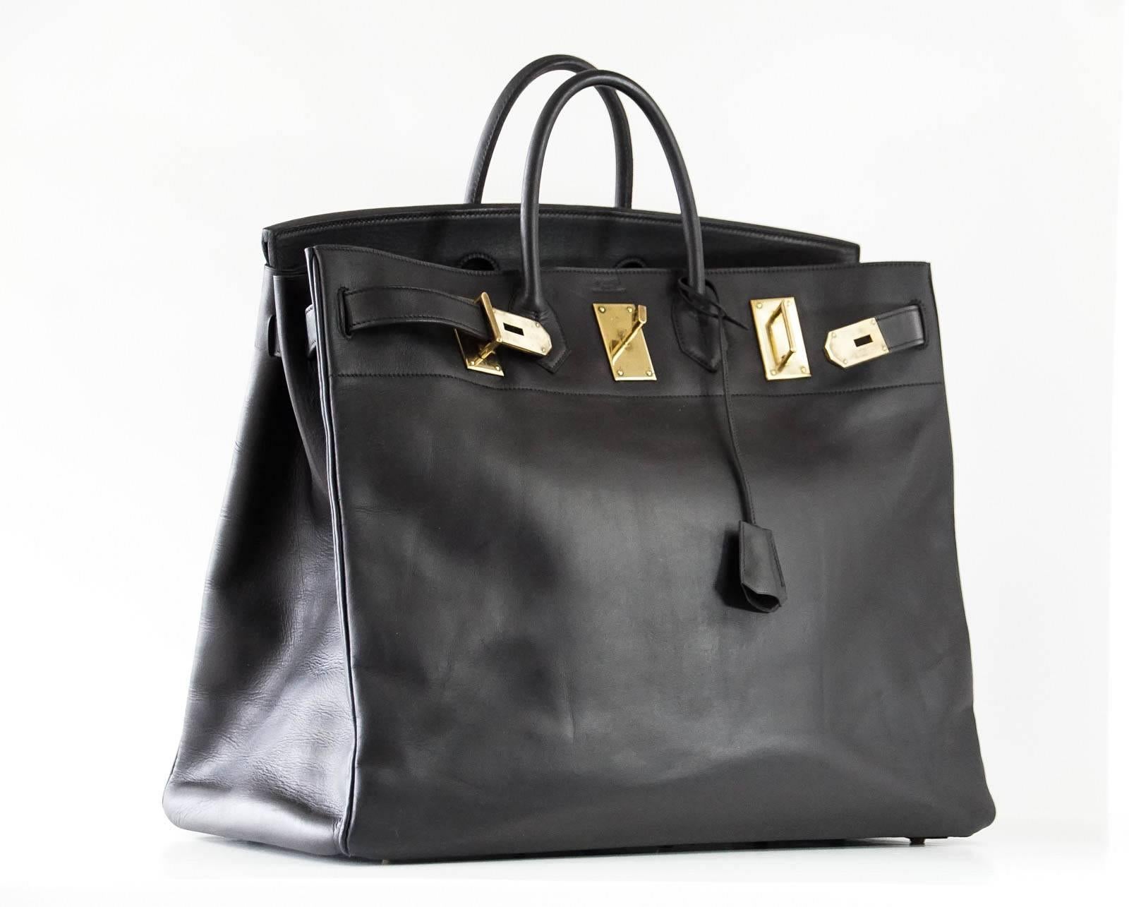 Women's or Men's HERMES BIRKIN 50 Bag Hac Black Vache Noir Leather Brass Hardware