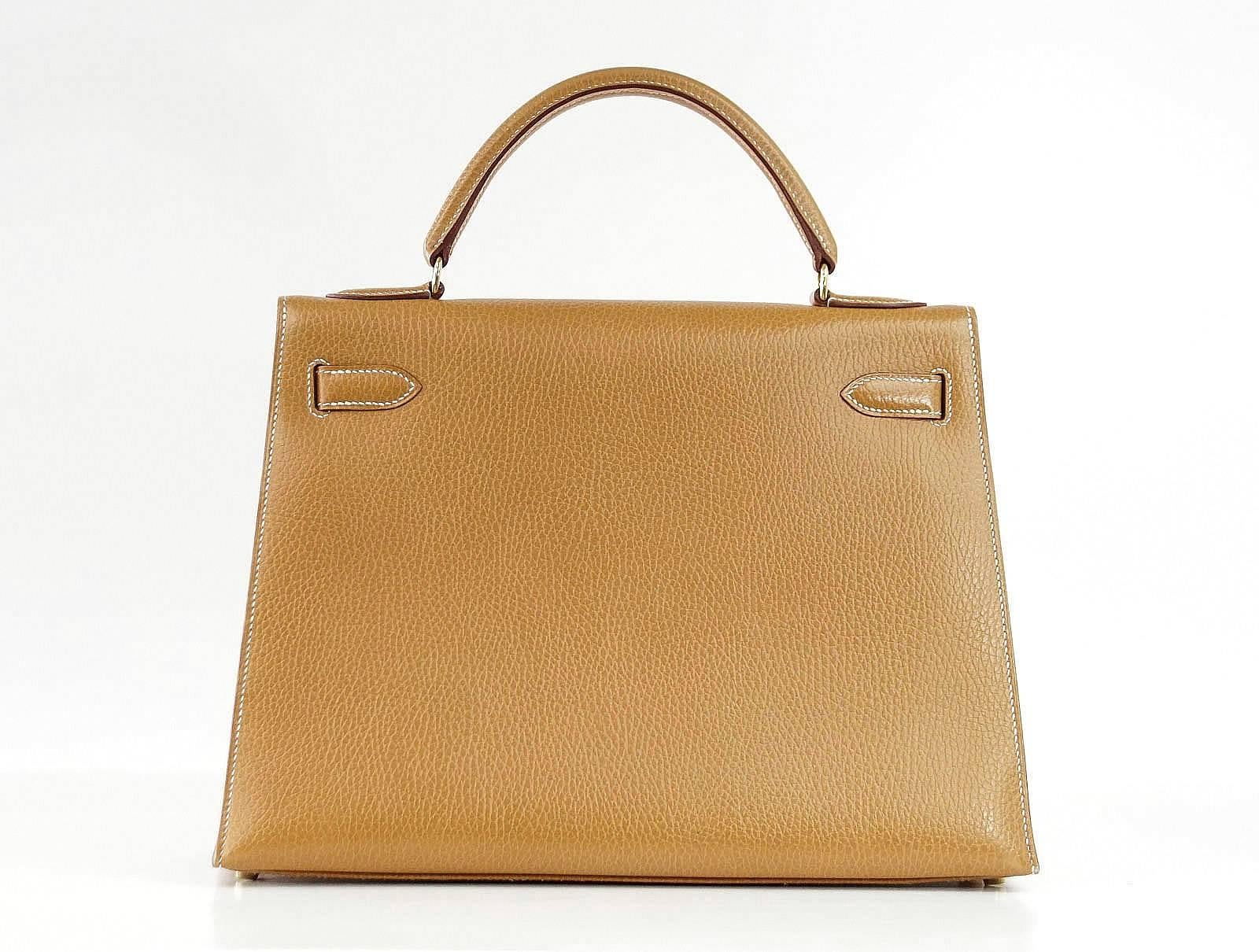 Brown Hermes Kelly 32 Sellier Bag Vintage Sable Ardennes Leather Gold Hardware 